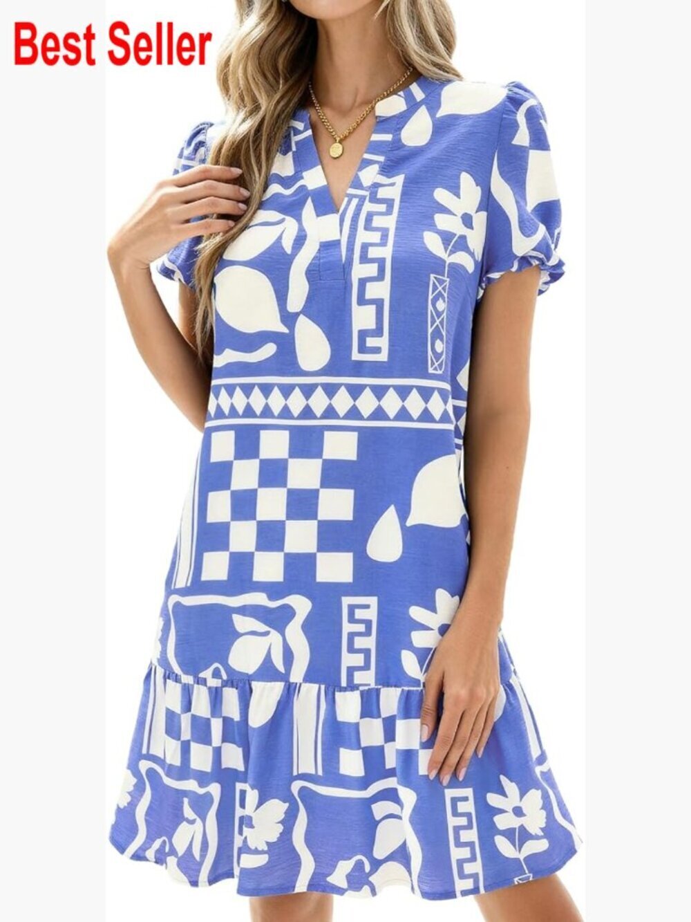 Polyamide Viscose V-Neck Puff Sleeve A-Line Mini Dress with Pockets